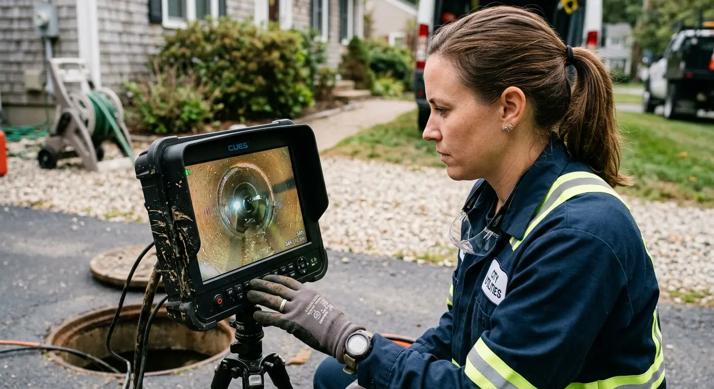 Technician reviewing sewer camera inspection footage in Brecksville