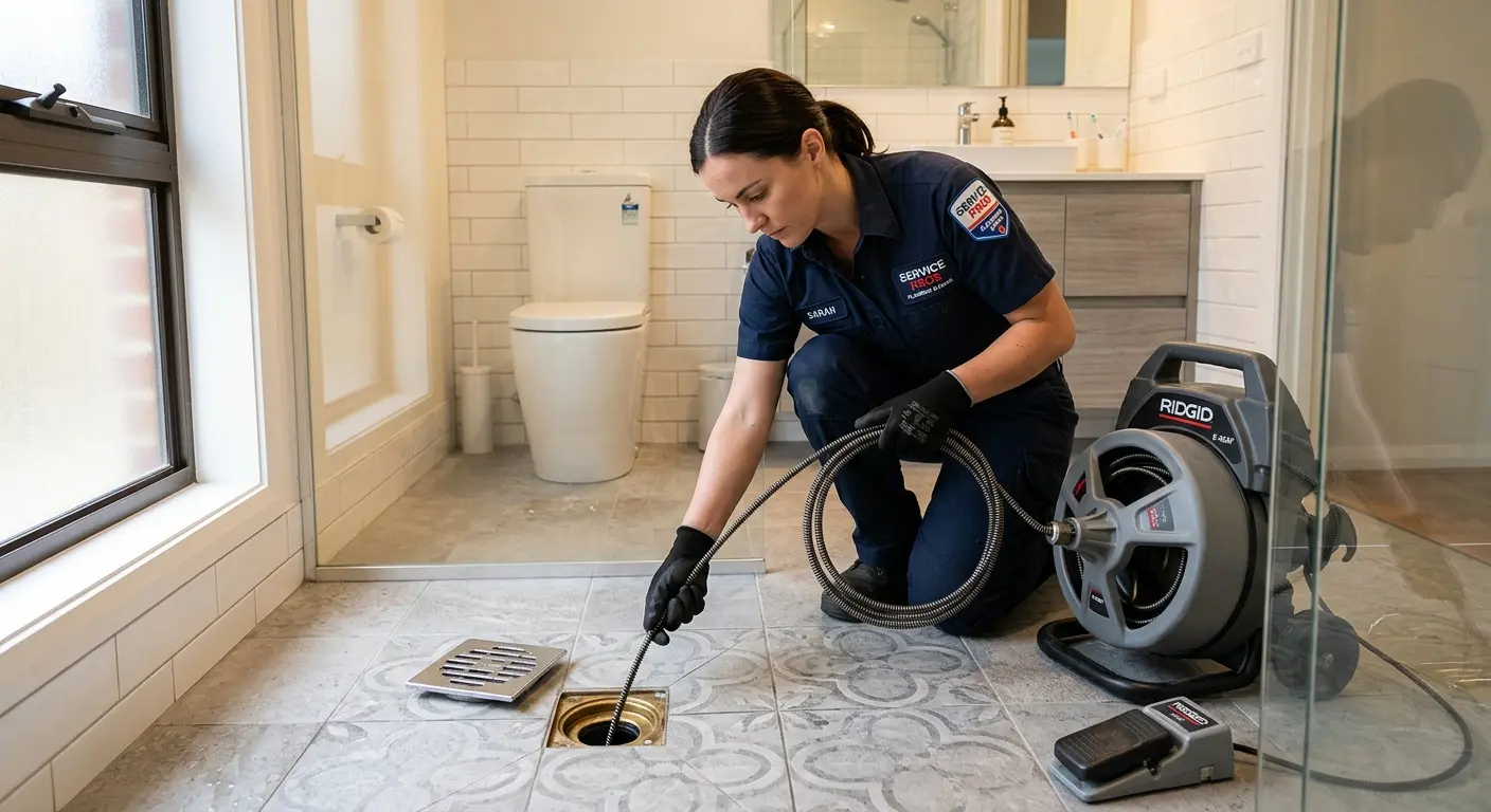 Technician clearing a bathroom floor drain for Sewer Line Installation in Brecksville